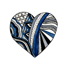 hand drawn watercolor and black pencil one isolated blue heart mandala on a white background.