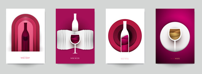 Collection colorful template cover for wine. Abstract art composition in modern geometric papercut style. Minialistic concept design for branding banner, flyer, book, menu, card. Vector illustration.