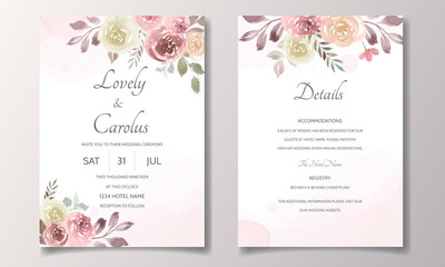 Fototapeta na wymiar Wedding invitation card with floral and leaves watercolor