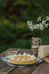 Lemon cake with meringues on a wooden garden table with white narcissus flowers and book