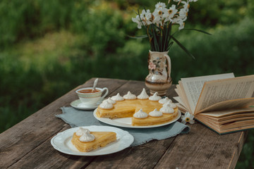 Lemon cake with meringues on a wooden garden table with white narcissus flowers and book