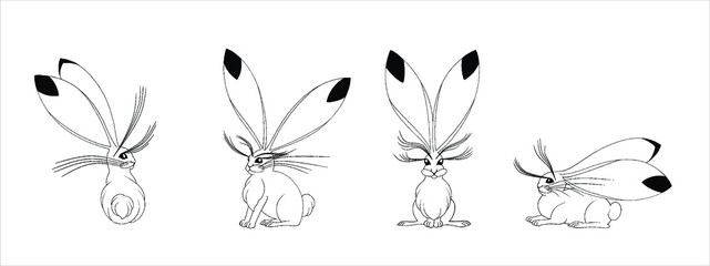Rabbits set hand drawn and isolated on a white background.