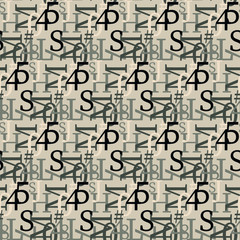 Set of vector seamless patterns. Latin alphabet, numbers, math symbols.
