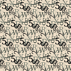 Set of vector seamless patterns. Latin alphabet, numbers, math symbols.