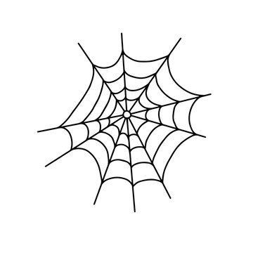 Vector outline illustration of a simple fancy Halloween spider web, isolated object on the white background, clipart useful for halloween party decoration, hand drawn image, cartoon spooky character