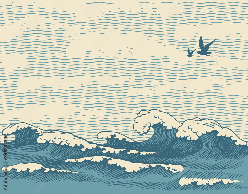 Wall mural Vector hand-drawn seascape in retro style with waves, seagulls and clouds in the sky. Decorative illustration of the sea or ocean, water waves on the old paper background