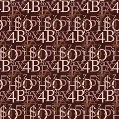 Set of vector seamless patterns. Latin alphabet, numbers, math symbols.