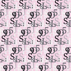 Set of vector seamless patterns. Latin alphabet, numbers, math symbols.