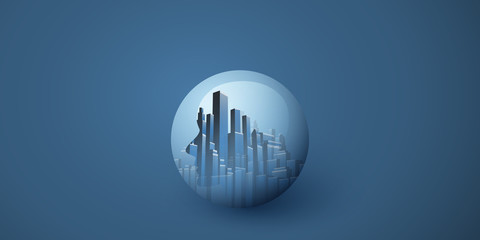 Smart City, Automated Digital Control, Deep Learning, Artificial Intelligence and Future Technology Concept Design with Cityscape - Vector Illustration - Monochrome, Retro Style