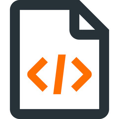 Source code file. Grey vector icon with orange closed tag.
