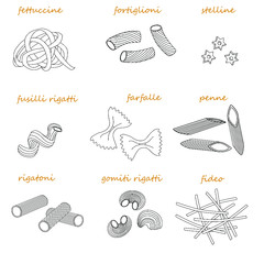 food set of hand drawn vector icons italian pasta line art
black white pattern for restaurant  menu, delivery , decor