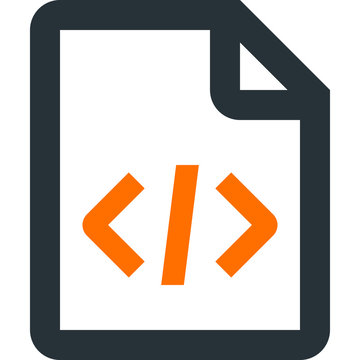 Source code file. Grey vector icon with orange closed tag.