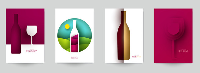 Collection colorful template cover for wine. Abstract art composition in modern geometric papercut style. Minialistic concept design for branding banner, flyer, book, menu, card. Vector illustration. - obrazy, fototapety, plakaty