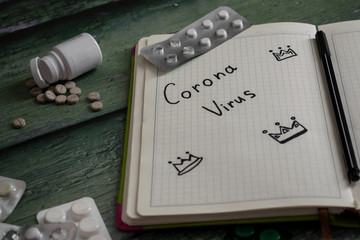 Pills and notebook with inscription "Coronavirus" on green wooden background close up. Medical flat lay