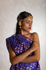 Fototapeta premium Indian girl wearing a traditional blue saree and gold jewellry