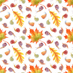 Seamless pattern with watercolor autumn maple and  oak leaves and snails. Stock illustration  for greetings, invitations, manufacture wrapping paper, textile and web design.