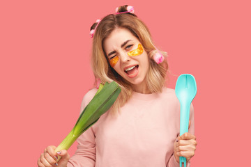 Girl cute looks, smiles tenderly happy, microphone