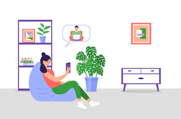 A young girl sitting in a comfortable armchair communicates with a guy on the Internet. Young woman uses social network at home. Online search and communication. Online dating. Vector illustration