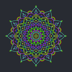 Colored mandala on a dark background.