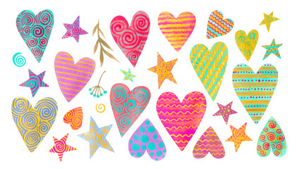 Watercolor set of hand-drawn colorful  hearts, stars and spirals isolated on white. Stylish stock illustration for Valentine's Day and other romantic events in a graphic style.