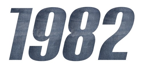 1982 with jeans fabric texture on white background.