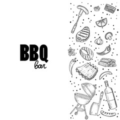 BBQ and grill menu with sketch objects isolated on white background. Hand drawn barbecue elements around text. Grill menu design template.