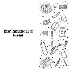 BBQ and grill menu with sketch objects isolated on white background. Hand drawn barbecue elements around text. Grill menu design template.