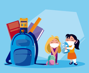 Girl and boy with masks school books and bags vector design