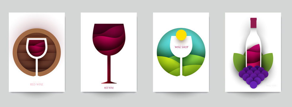 Collection colorful template cover for wine. Abstract art composition in modern geometric papercut style. Minialistic concept design for branding banner, flyer, book, menu, card. Vector illustration.