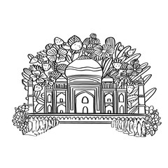 Illustration sketch black color Taj Mahal for coloring books among plants and flowers on a white isolated background.