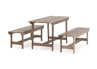 Garden, outdoor furniture isolated on white background. Wooden dining area. Clipping path included. 3D rendering.