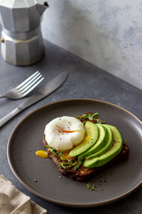 Sandwich with avocado and poached egg. Healthy eating Vegetarian food. Breakfast.