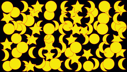 Yellow pattern of moons and stars on black background