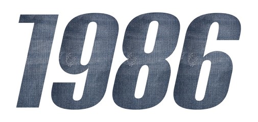1986 with jeans fabric texture on white background.