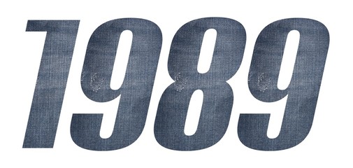 1989 with jeans fabric texture on white background.