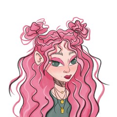 Watercolor hand painted woman with pink hair illustration for your art and creative space.Use this image for poster,prints,post cards,book cover and illustration,home decoration and more ideas