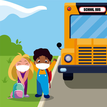 Girl and boy kid cartoon with masks and school bags and bus vector design