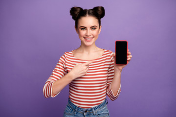 Photo of funny pretty lady hold new model smart phone direct finger touch screen advising good nice...