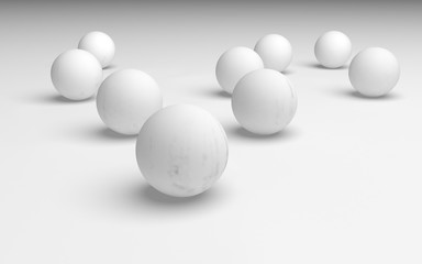 White abstract background. Set of white balls isolated on white backdrop. 3D illustration