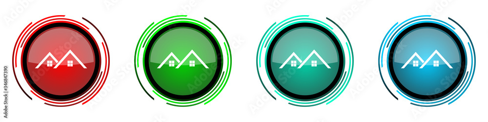 Poster Home, house round glossy vector icons, set of buttons for webdesign, internet and mobile phone applications in four colors options isolated on white background