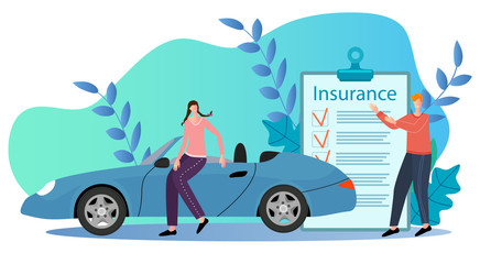 The man offers the woman to insure the car.The concept of auto insurance can be used for a poster, banner, and web page.Flat vector illustration.