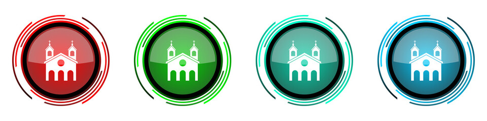 Religion, church round glossy vector icons, set of buttons for webdesign, internet and mobile phone applications in four colors options isolated on white background