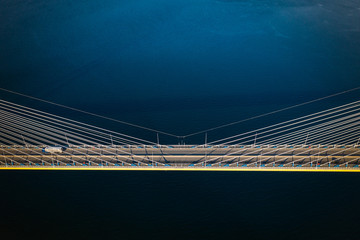 Aerial drone photo of world famous cable suspension bridge of Rio - Antirio Harilaos Trikoupis, view down Peloponnese, Patras