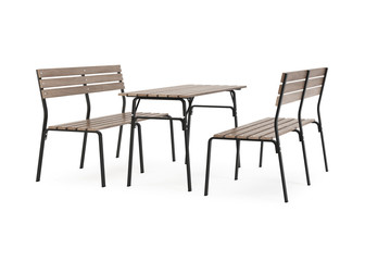 Garden, outdoor furniture isolated on white background. Wooden dining area. Clipping path included. 3D rendering.