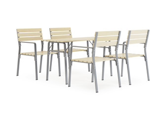 Garden, outdoor furniture isolated on white background. Wooden dining area. Clipping path included. 3D rendering.