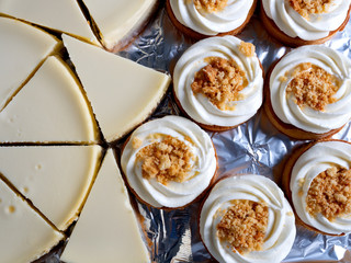 round cream cakes and triangular cheesecakes