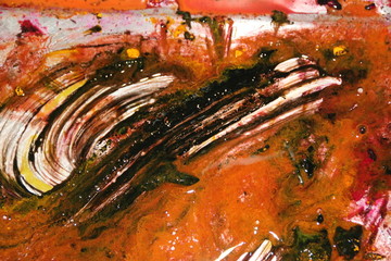 fondo abstracto con texturas rojizas y manchas ocres de pintura liquida