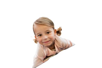 Cutout of young cute little girl being playful in check in at airport