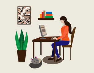Young girl works at home. Stay home concept. Vector flat illustration.