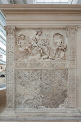 Obraz premium Part of Ara Pacis Augustae (Altar of Augustan Peace) with female Goddess with Twins and spiral decoration in Rome, Italy